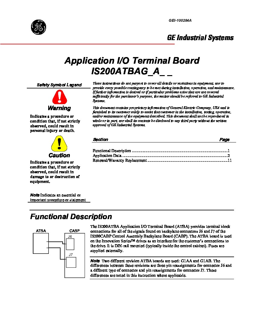 First Page Image of IS200ATBAG1A Application IO Terminal Board GEI-100284.pdf